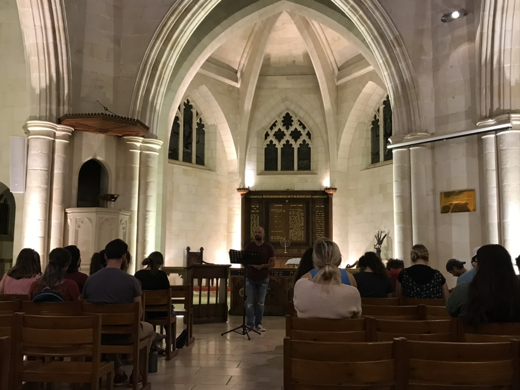 Congregation gathered for Bible teaching inside Christ Church in Jerusalem’s Old City